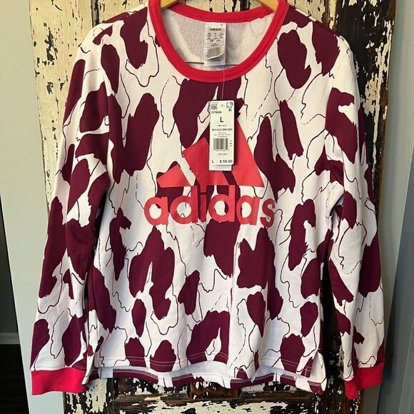 NWT women’s ADIDAS size L crewneck sweatshirt. White/berry. - Picture 1 of 9